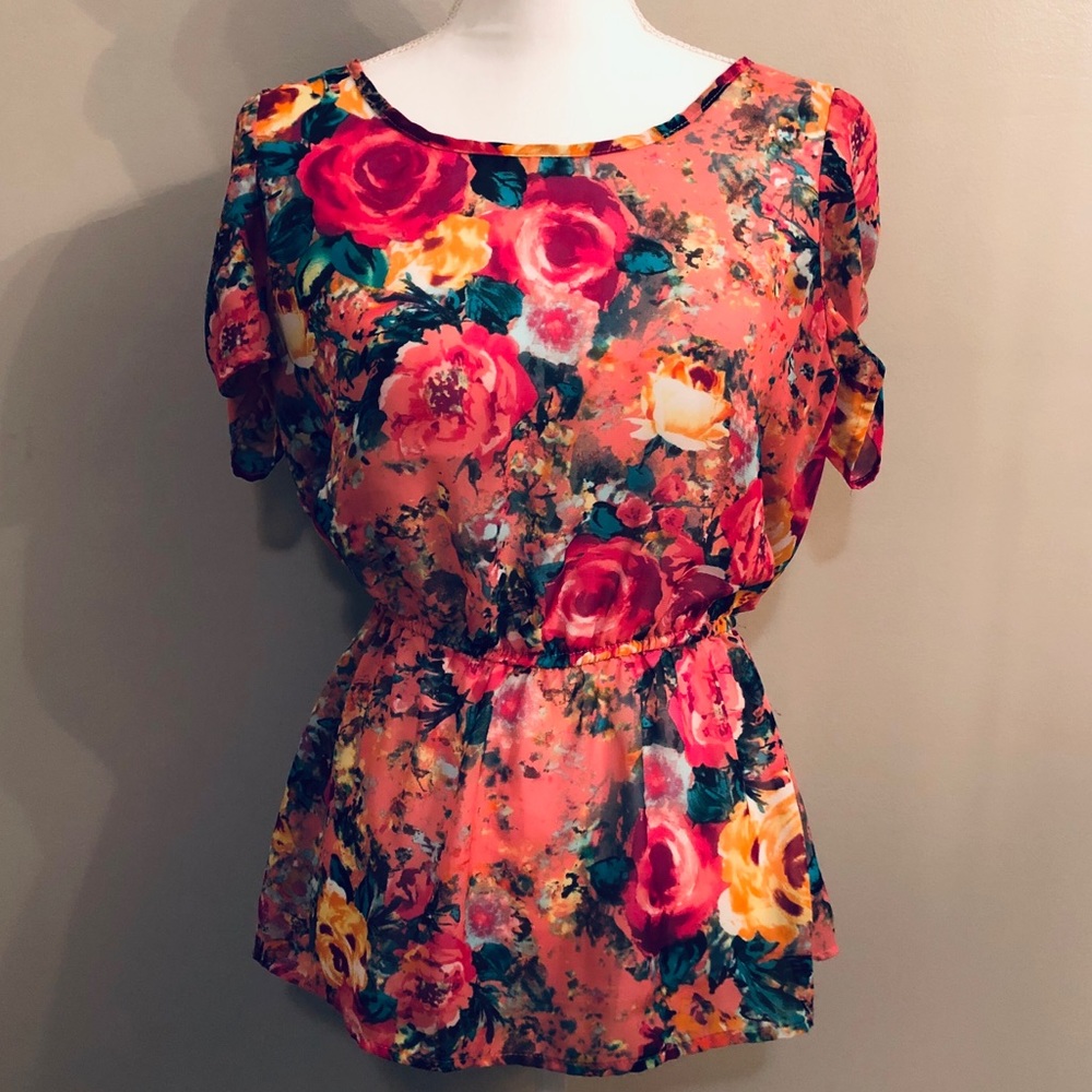 Pink/Multi-colored Floral Peptum Sheer Blouse